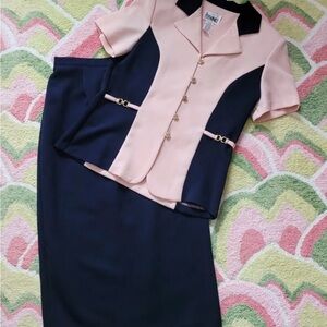 Vintage Periwinkle Blue And Pink Button Up Blazer And Split Skirt Set - Size 8
